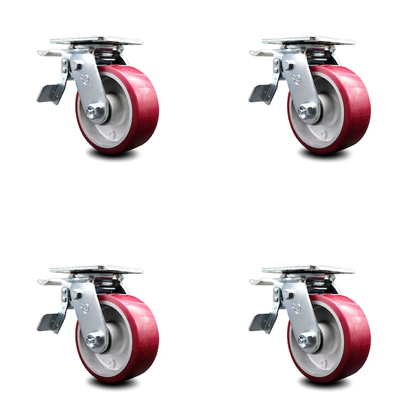 5 Inch Poly on Aluminum Caster Set with Roller Bearings and Total Lock Brakes